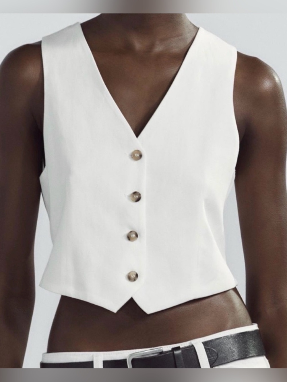 Zara White Cropped V-Neck Button Vest open back